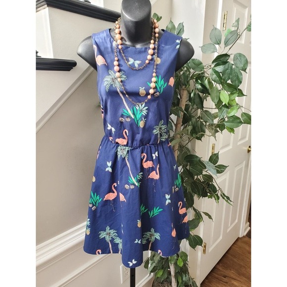 Bailey Blue Women's Navy Tropical Flamingo Print Crew Neck Knee Length Dress M - Picture 1 of 9